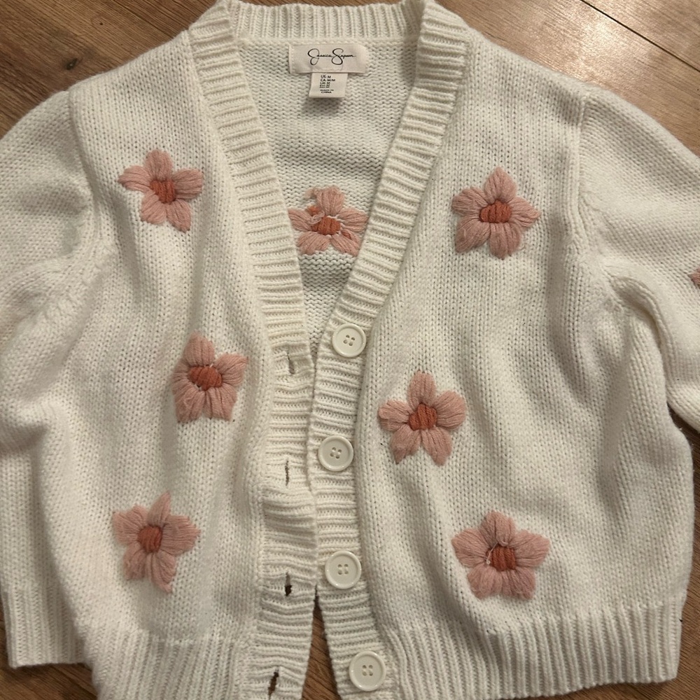 Jessica Simpson White Cardigan with Pink Floral Embroidery